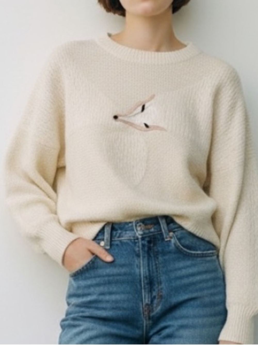 Vintage Spirit Cream Embroidered Fox Sweater Angora Lambswool Whimsical Knit